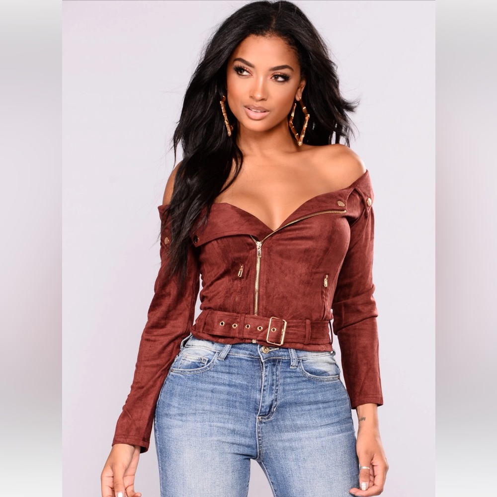Suede off the shoulder biker jacket, size XL